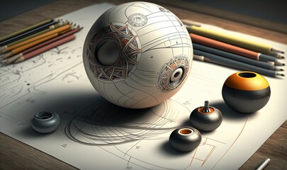  a drawing of a ball, pencils, and other objects.  generative ai