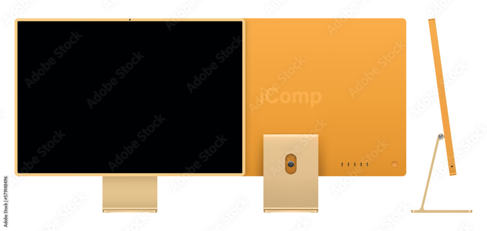 Poster computer display yellow color with black screen front, back and side view isolated on white backgrou