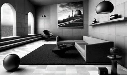  a black and white photo of a living room with a couch.  generative ai