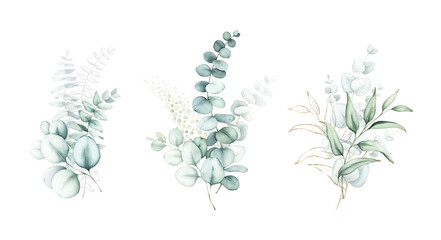 Watercolor floral bouquets with green eucalyptus leaves. © Lora