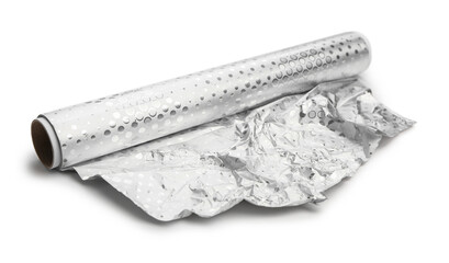 Roll of aluminium foil isolated on white background - obrazy, fototapety, plakaty