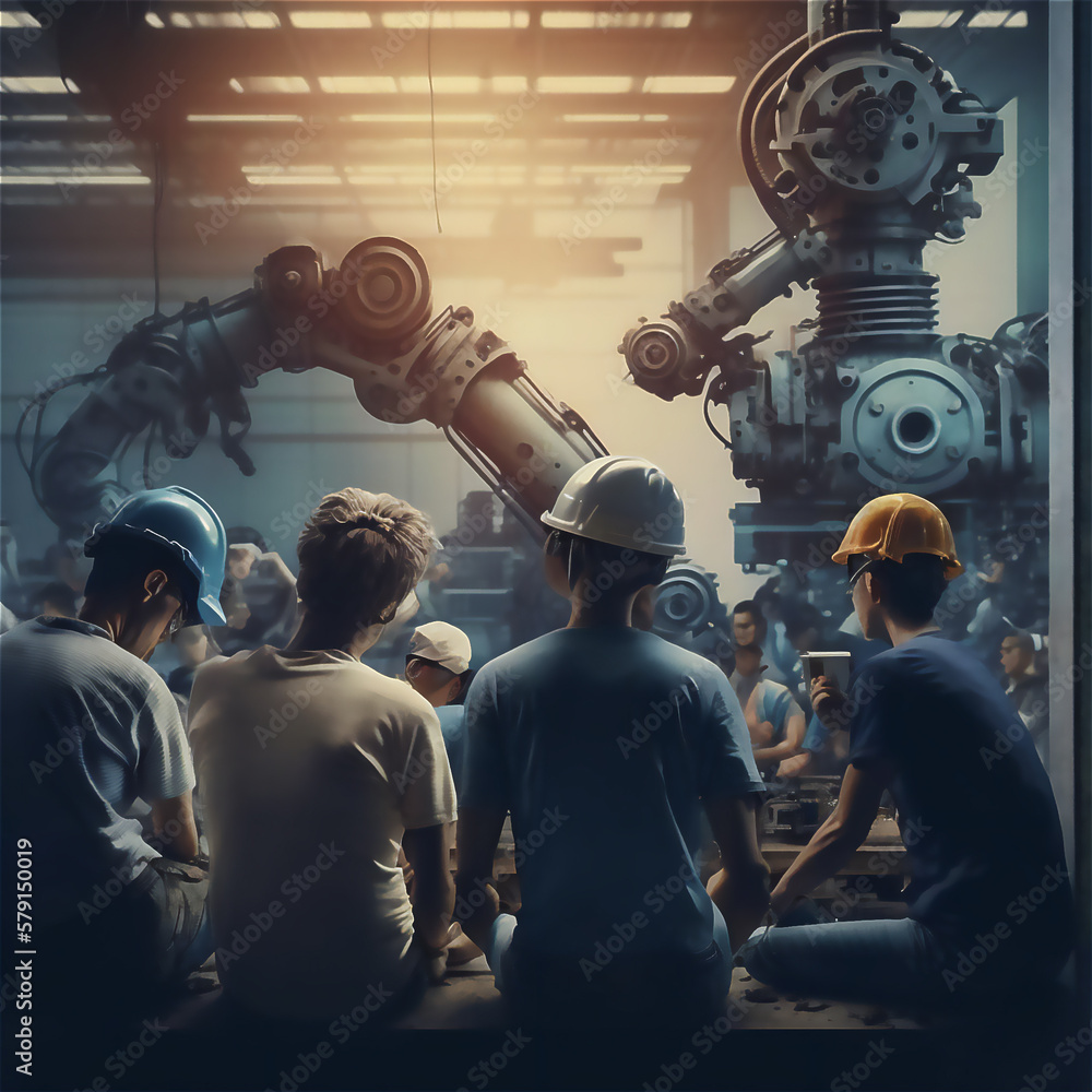 Aufkleber Humans collaborate with robots. machinery and robotic arms operate in factory while employees oversee and manage the processes. Generative ai