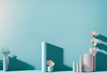 Display space for product presentation, light blue background with decorative vase and flowers. Advertisement background. Created with Generative AI