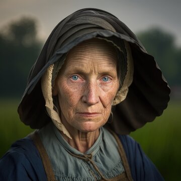 Portrait, elderly Amish woman looking at camera, with traditional clothing, outdoors. Ai Generative.