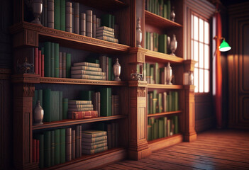 Organizing the Classics: An AI-Generated 3D Render of an Old Library's Bookshelves