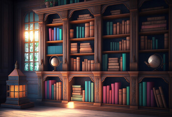 Organizing the Classics: An AI-Generated 3D Render of an Old Library's Bookshelves - obrazy, fototapety, plakaty