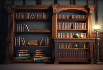 Organizing the Classics: An AI-Generated 3D Render of an Old Library's Bookshelves - obrazy, fototapety, plakaty
