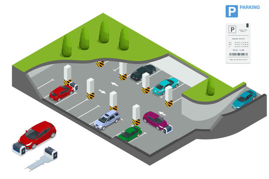Isometric robot valet parking cars. Outdoor valet parking robot. Automated parking systems for cars Underground parking with cars. Indoor car park under house or office.