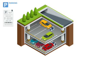 Obraz premium Isometric robot valet parking cars. Outdoor valet parking robot. Automated parking systems for cars Underground parking with cars. Indoor car park under house or office.