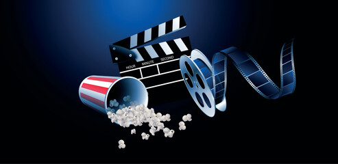Obraz na płótnie Canvas proiezione film, cinema, pellicola, spettacolo, film con pop corn su sfondo blu