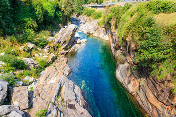 View of the Verzasca river in Lavertezzo, Verzasca Valley, Ticino Canton, Switzerland