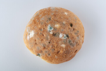 Green and white mold on bread close up. Top view. Macro. Spoiled food on a gray background