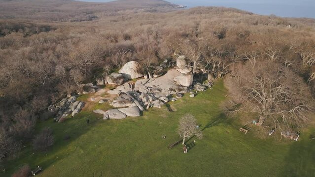 Aerial view of Beglik Tash, is a rock phenomenon on the Black Sea coast of Bulgaria.