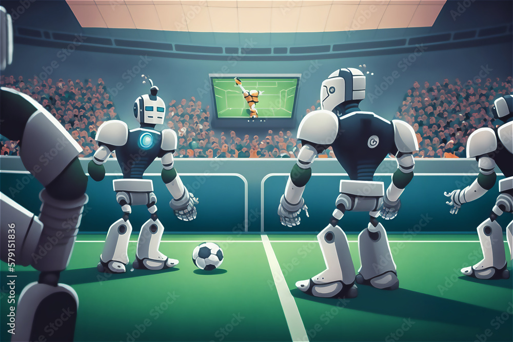 Poster Man and robots partnership Cyborgs playing football on field and humans watching game on stadium. Generative ai.