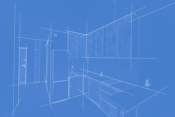 Linear sketch of an interior. Hand drawn illustration of a sketch style.
