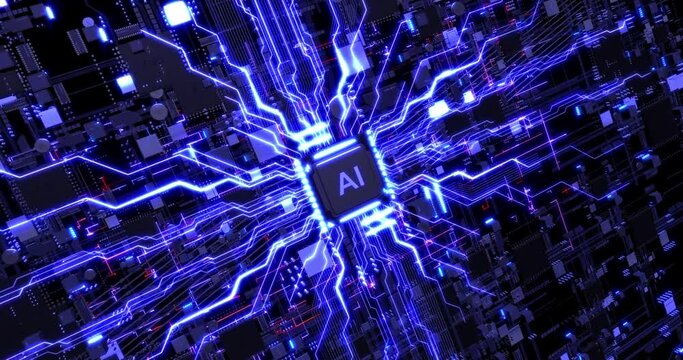 Advanced AI CPU Processors Analyzing Data Flow. Futuristic AI Processor. Data Processing. Computer And Technology Related 4K 3D CG Animation.
