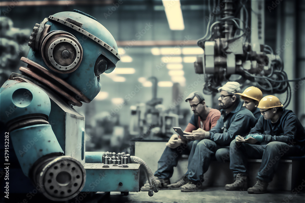 Poster Man and robotic machine work together in factory. Cyborgs robot work while a human workers resting. Generative ai.