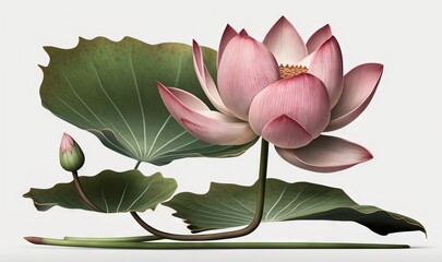  a pink lotus flower with green leaves on a white background.  generative ai