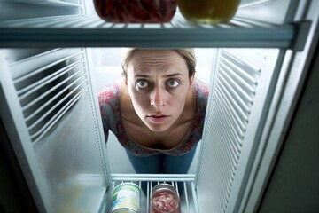 Fototapeta na wymiar Empty fridge, a woman on a diet thinks about what to eat. Ai generated.