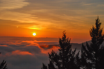 Orange and golden sunrise over a fog filled valley at the south end of Vancouver Island, BC
