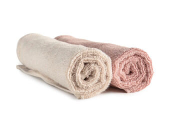 Fototapeta na wymiar Rolled soft towels isolated on white background