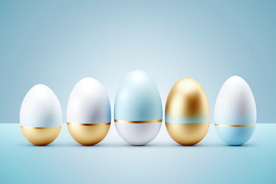 A row of five decorated Easter eggs on blur background. White Eggs Elegantly colored in blue and gold. Easter realistic illustration. Generative Ai.