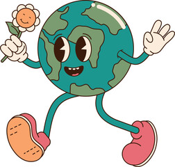 Retro cartoon vintage sticker happy earth planet character Vector illustration.