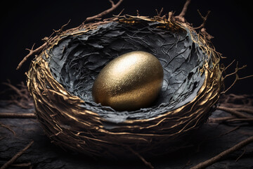 Golden matte egg in a dark nest on a dark background with scattered twigs. Golden egg as a symbol of good luck, wealth and health. Realistic illustration. Generative Ai.