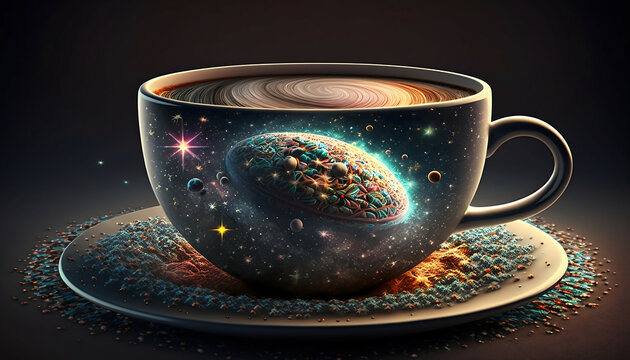 Space cup of coffee on a dark background new quality universal colorful technology stock image illustration design, generative ai
