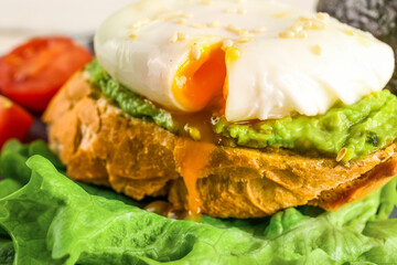 Plate with delicious avocado toast and poached egg, closeup