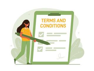 Contract illustration . Character gets acquainted with the legal document, electronic contract or agreement online. Person reads and signs the terms of the contract. Flat vector illustration.
