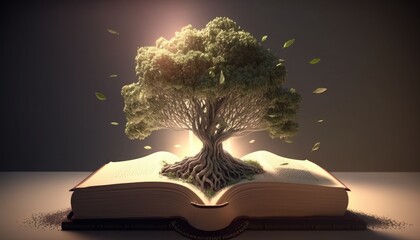 concept of education Stack of books in the library, a tree of knowledge in the opening of an old book in the library. Beautiful background