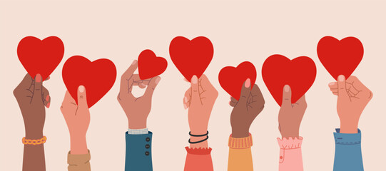 Human hands holding hearts,  charity and donation concept.  Hand drawn vector vector illustration isolated on light background. Modern flat cartoon style. - obrazy, fototapety, plakaty