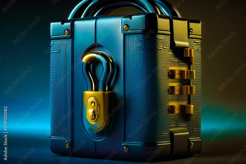 Poster blue suitcase with padlock on it. generative ai.