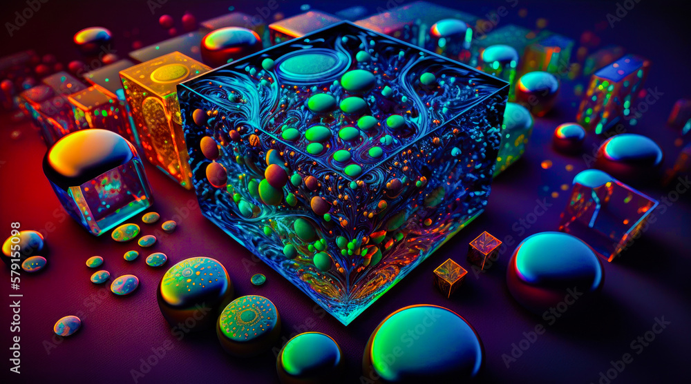 Poster an image of cube surrounded by colorful balls. generative ai.