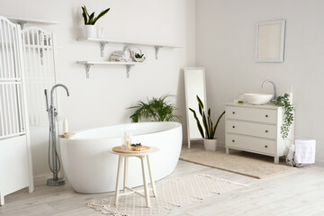 Fototapeta na wymiar Interior of light bathroom with sink, bathtub and houseplants