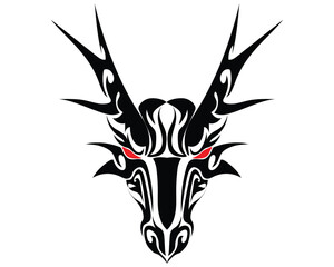 a silhouette design of a tattoo or symbol of a black dragon head with two horns that are sharp and sharp and two eyes that are bright red