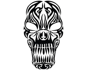 black silhouette vector graphic design of a tattoo or symbol of a tribal skull head with sharp teeth many carved and curved lines on the skull which is uniquely designed