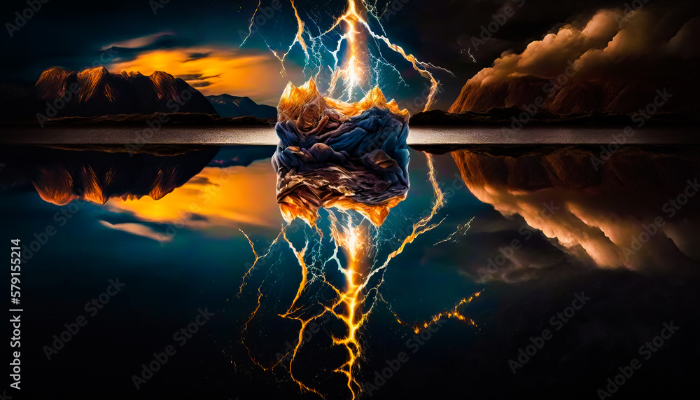 Aufkleber lightning bolt is reflected in the water with mountains in the background. generative ai.