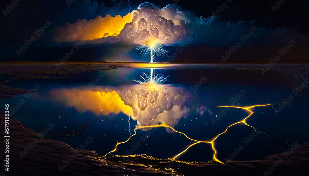 Poster lightning bolt is reflected in the water. generative ai.
