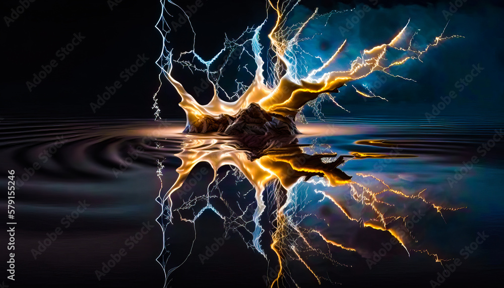 Poster lightning bolt is reflected in the water. generative ai.