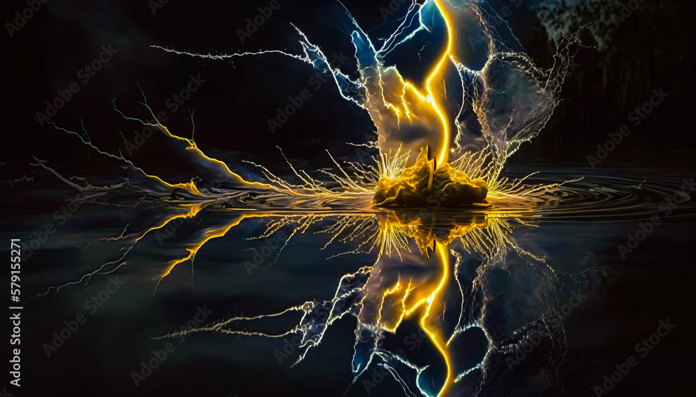 Poster lightning bolt is reflected in the water. generative ai.
