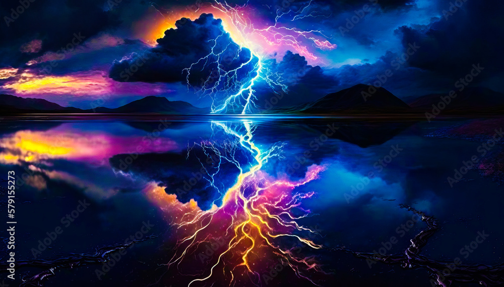 Poster lightning bolt is reflected in the water. generative ai.