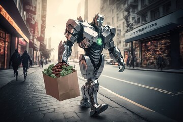 Delivery of packages with fresh products from the store by shiny chrome robots along the city street. AI generated.