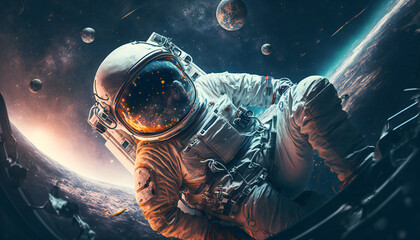Fototapeta na wymiar Astronaut in the outer space - Abstract Spaceman wallpaper - Generative AI