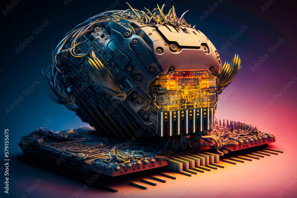 Poster the head of robot made out of electronic components. generative ai.