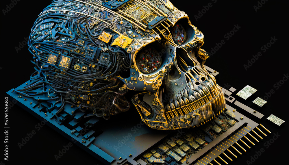 Poster skull made out of computer chips on top of circuit board. generative ai.