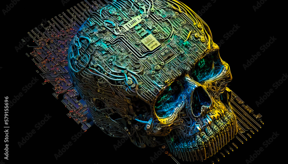 Poster skull made out of computer chips on black background. generative ai.
