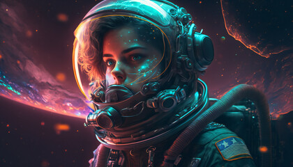 Obraz na płótnie Canvas Women Astronaut in the outer space - Abstract Spaceman wallpaper - Generative AI