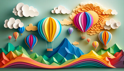 Creative and colourful paper art with sun, clouds, mountain and  hot air balloons. Created with generative AI - 579155652
